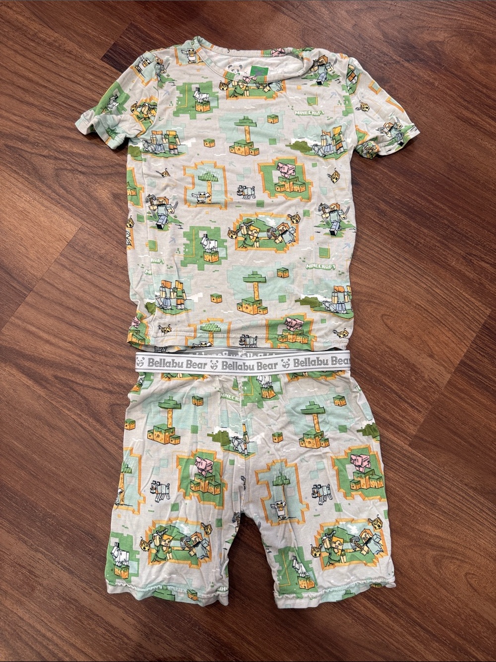 Bellabu Bear Green Minecraft-Print Kids Pajama Set